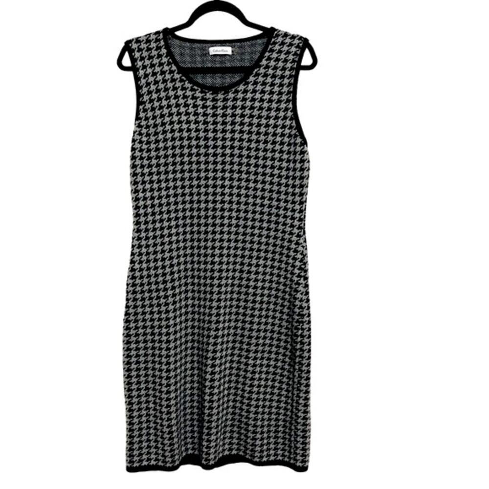Calvin Klein Houndstooth Sleeveless Knit Sweater Dress Gray Black Size L
